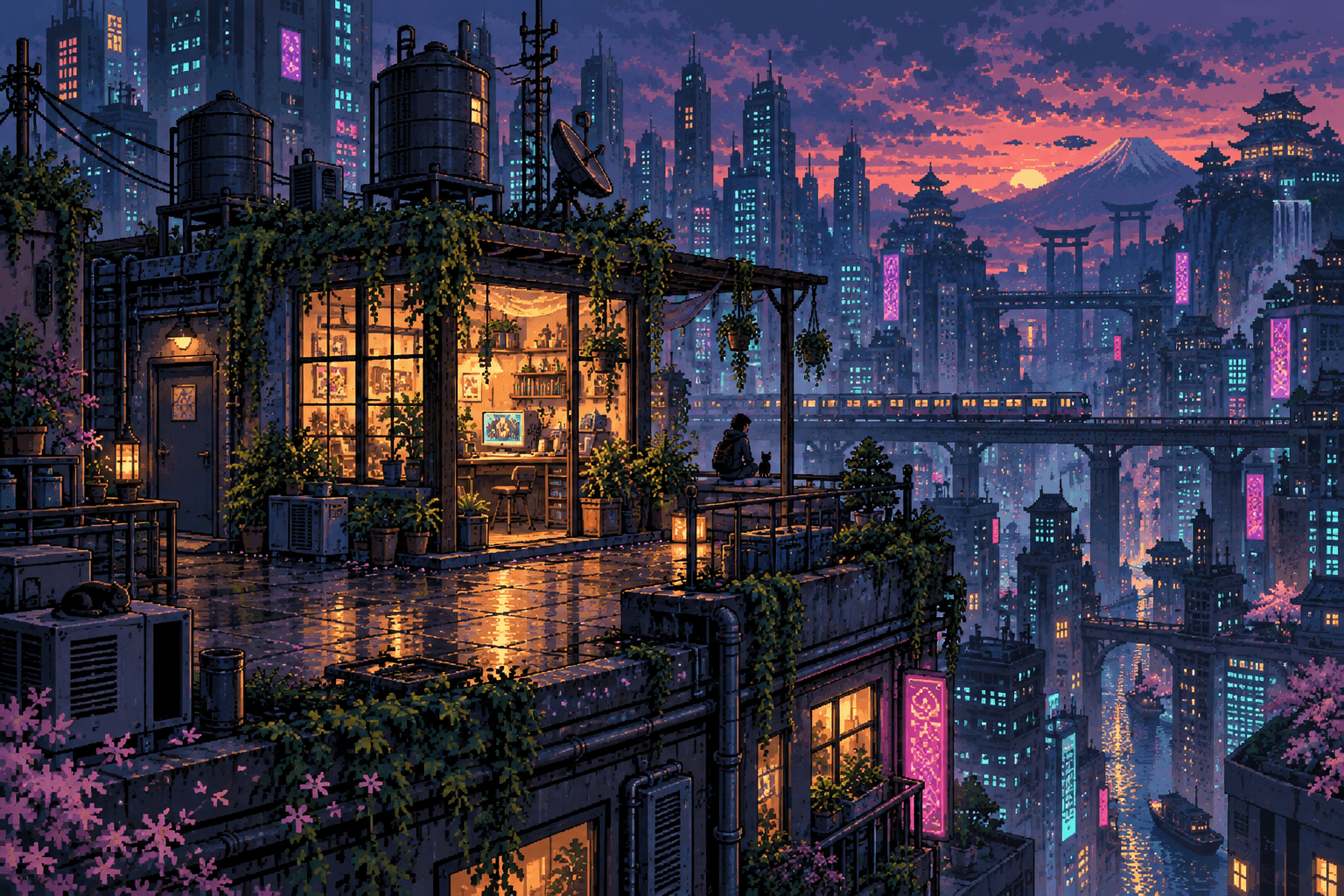 Pixel art of a glowing rooftop studio and a cat overlooking a sprawling blue-hour city.