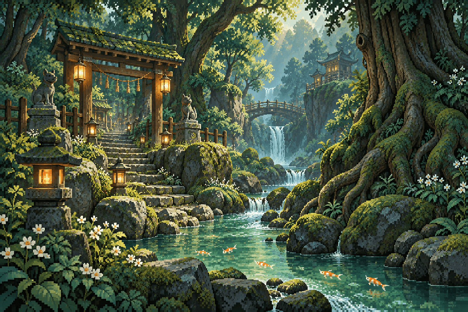 Pixel art of a lantern-lit shrine, ancient forest, and jade stream filled with koi.