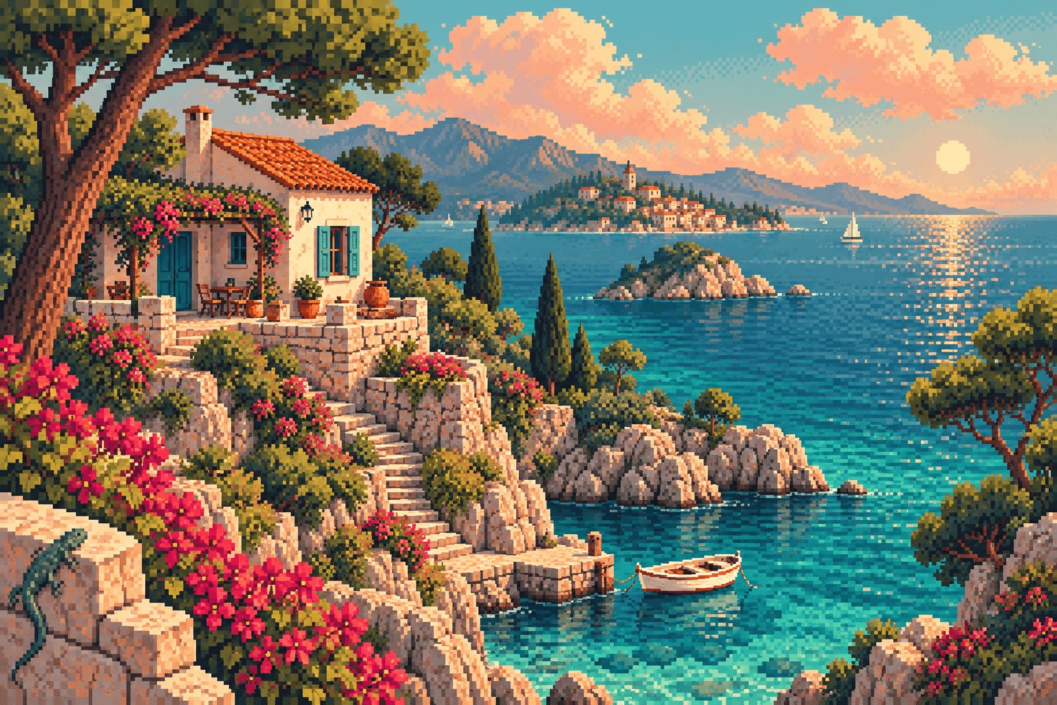 Pixel art of a flower-covered coastal cottage above a turquoise sea at sunset.
